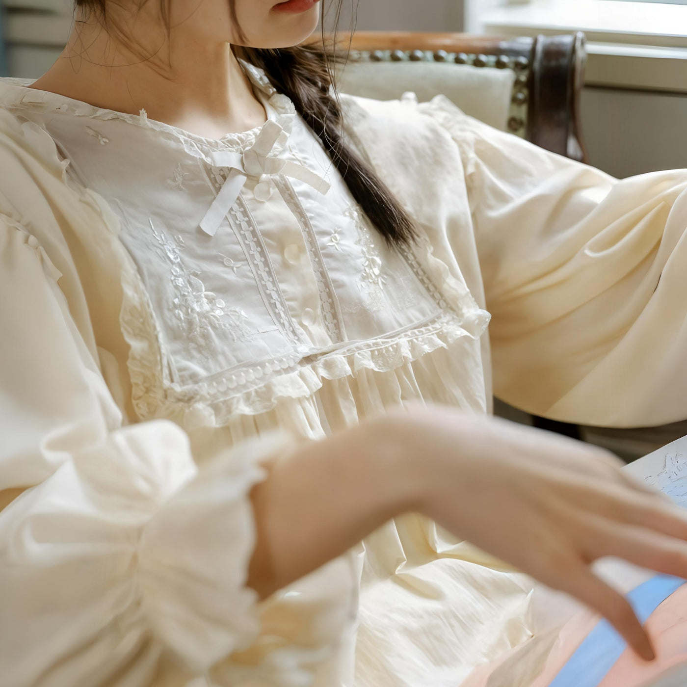 Embroidered Victorian Night Dress – Loose Fit Cotton Sleepwear for Women
