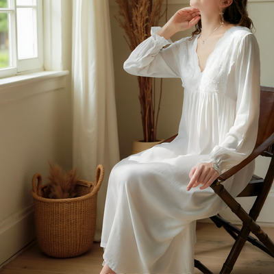Long-sleeve white chiffon nightgown with lace V-neck detail – Velourine Attire vintage sleepwear

