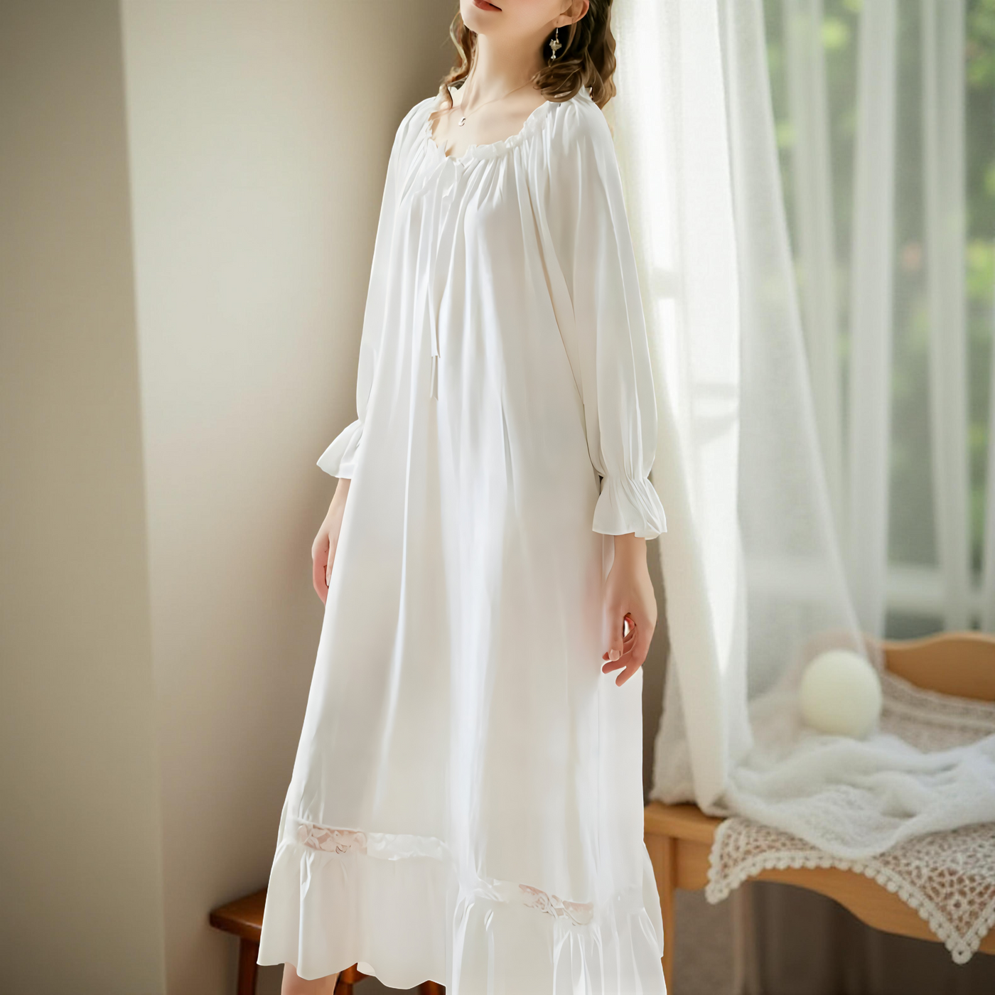 Victorian Cotton Lace Nightgown – Summer Long Robe Sleepwear
