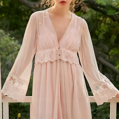 Light pink chiffon nightgown with lace embroidery, button-front detail and long sheer sleeves – Velourine Attire elegant sleepwear
