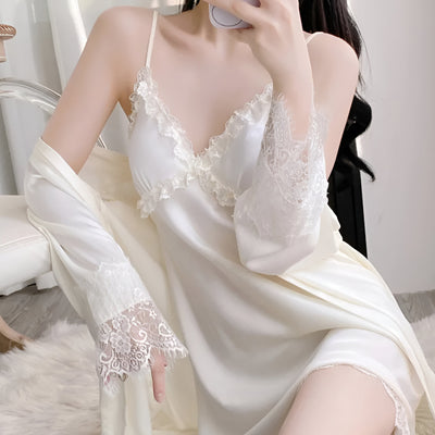 Off white satin slip dress with lace trim and matching robe – Velourine Attire elegant nightwear set