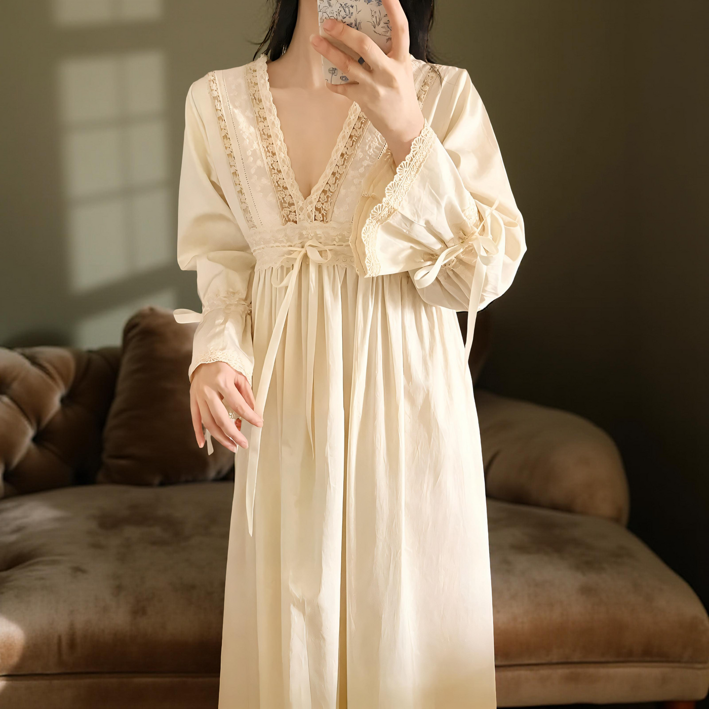 Beige long-sleeve cotton nightgown with lace V-neck and waist tie – Velourine Attire vintage sleepwear