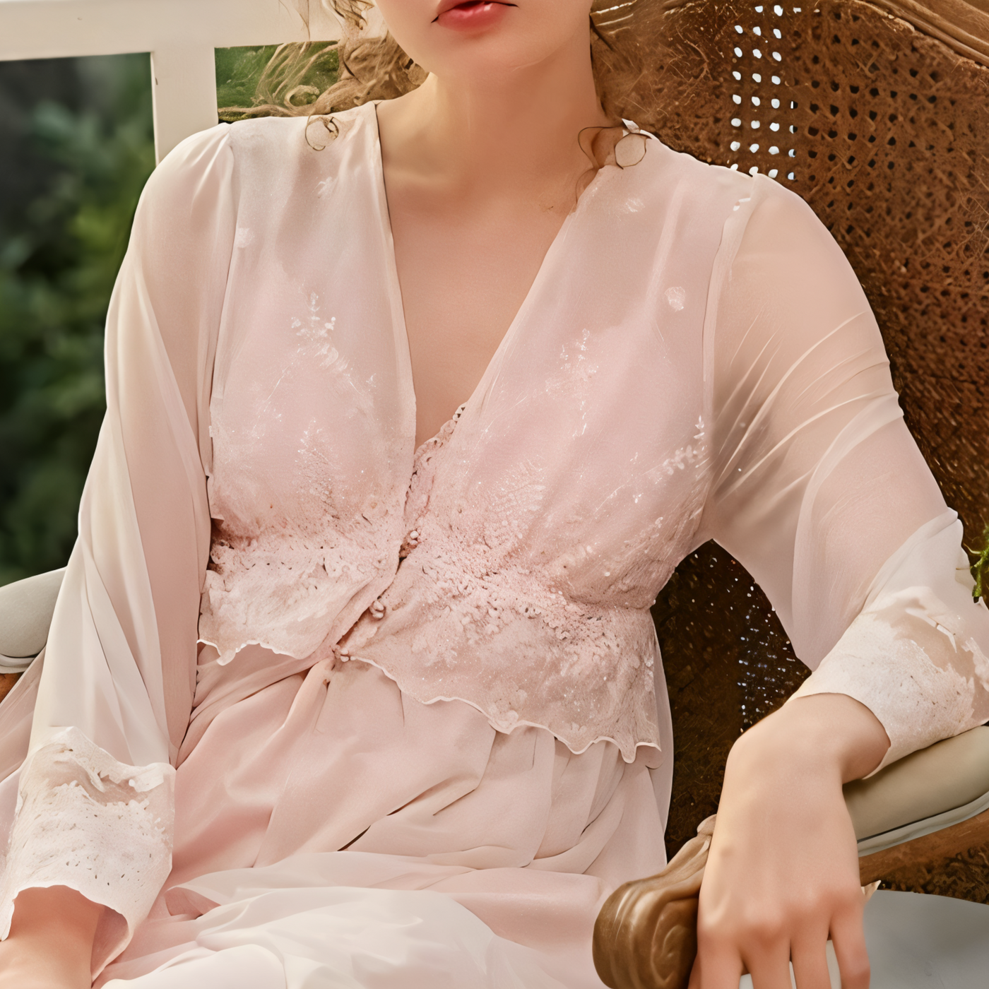 Model wearing pink lace-trimmed chiffon nightgown outdoors – Velourine Attire sleepwear