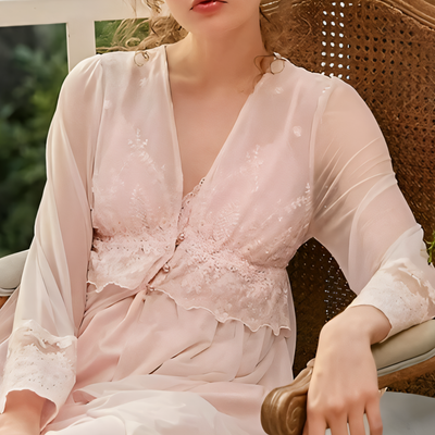 Model wearing pink lace-trimmed chiffon nightgown outdoors – Velourine Attire sleepwear