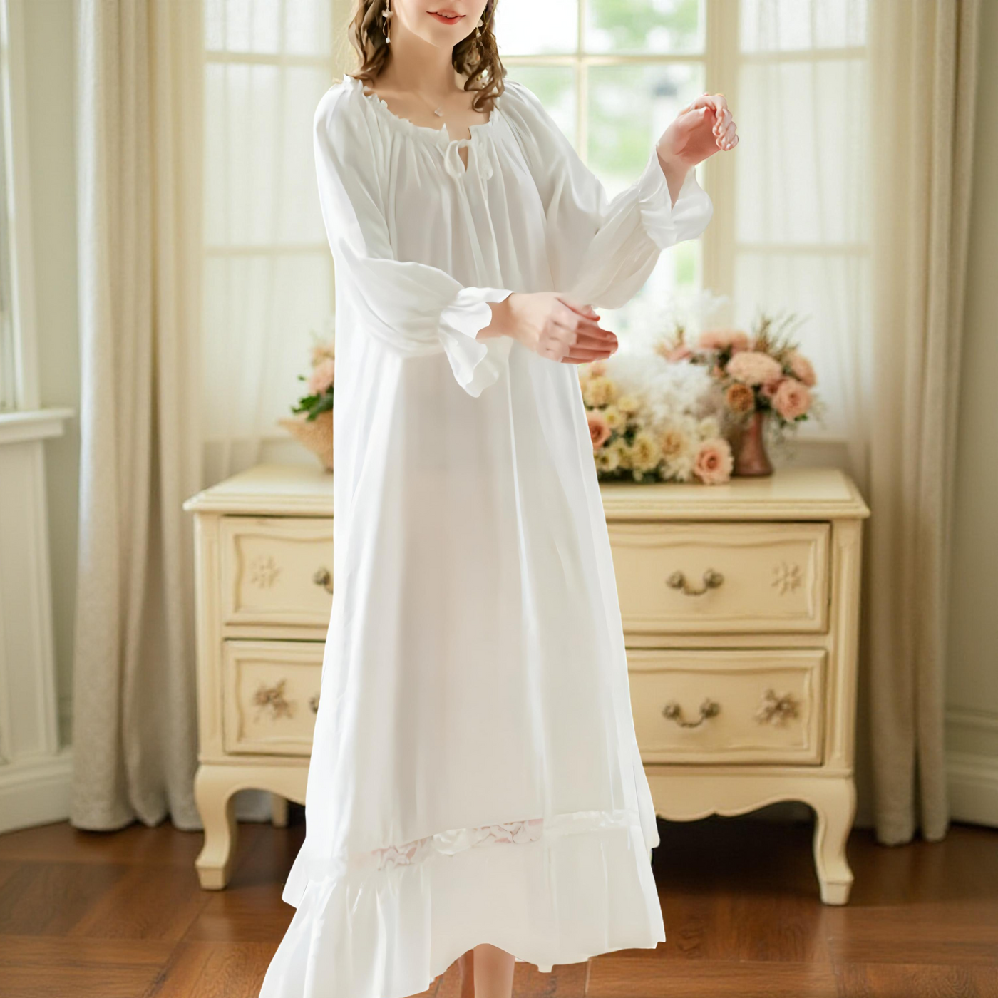 Victorian Cotton Lace Nightgown – Summer Long Robe Sleepwear