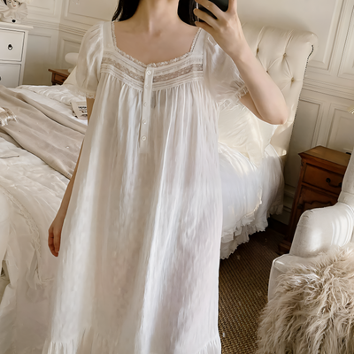 Princess Sleepwear for Women – Pure Cotton White Peignoir Victorian Long Night Dress
