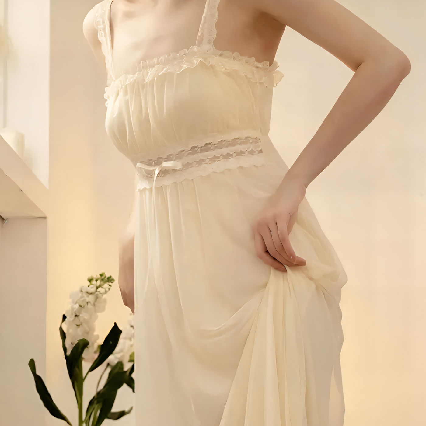 Cream chiffon nightgown with lace straps and delicate ruffle trim – Velourine Attire vintage-inspired sleepwear