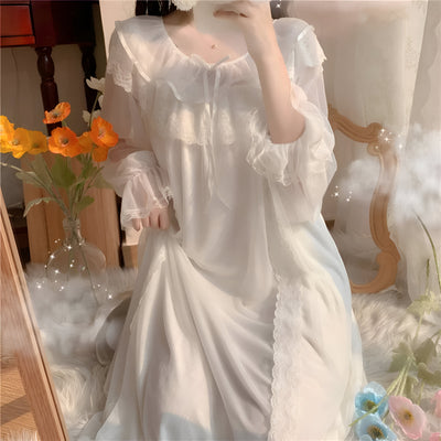 Close-up of lace ruffle neckline on white chiffon vintage nightgown – Velourine Attire