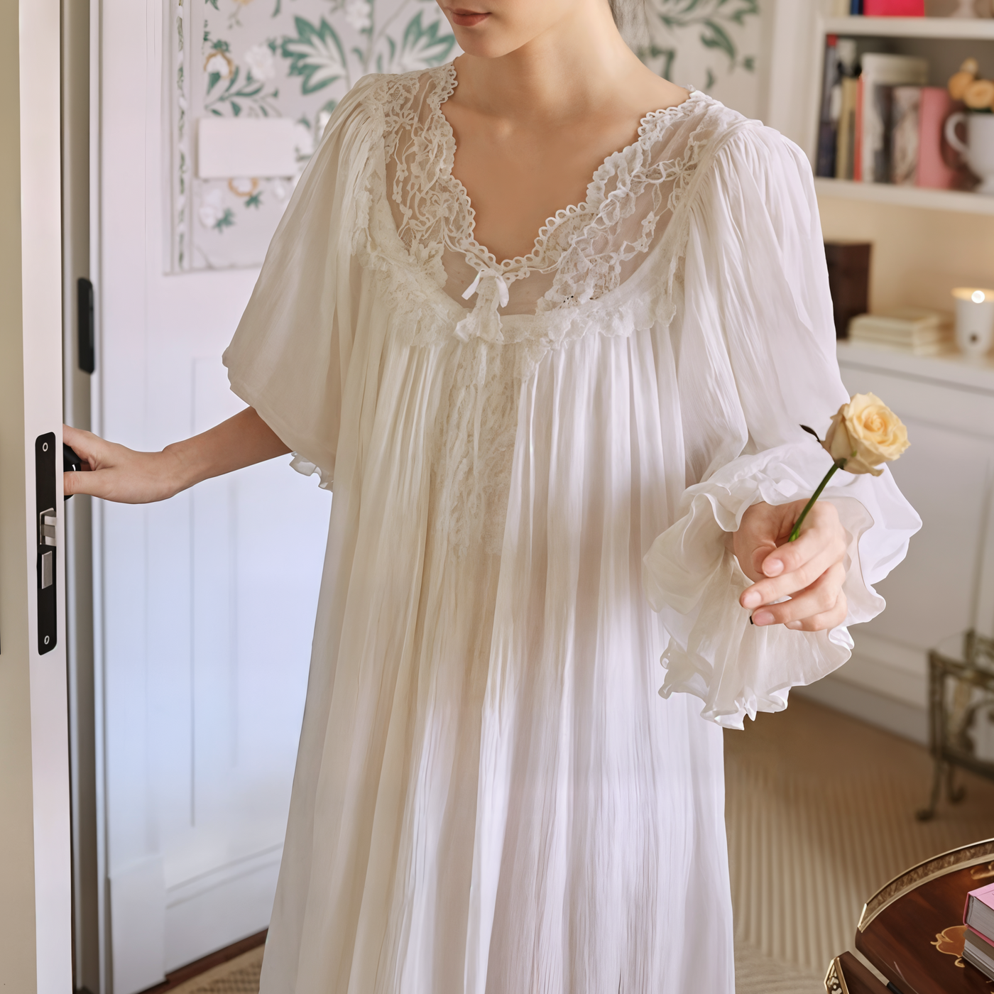 Romantic White Lace Nightgown – Long, Loose-Fit 100% Cotton Sleepwear for Women