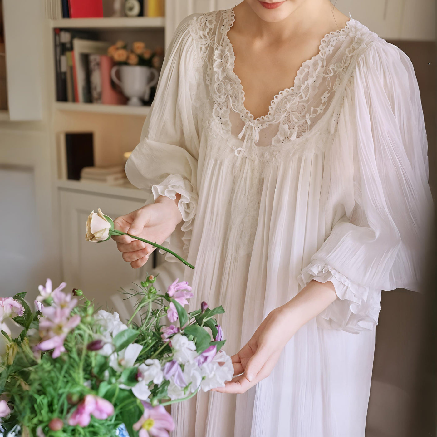 Romantic White Lace Nightgown – Long, Loose-Fit 100% Cotton Sleepwear for Women