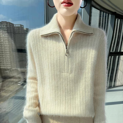 Women's 100% Mink Cashmere Mock-Neck Zipper Sweater – Soft Knit Winter Pullover