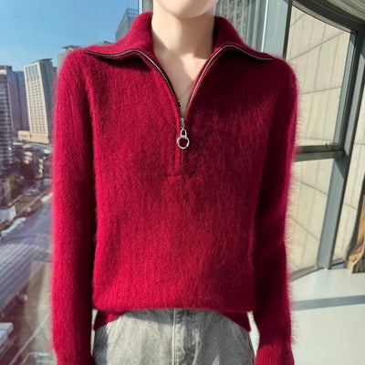 Women's 100% Mink Cashmere Mock-Neck Zipper Sweater – Soft Knit Winter Pullover
