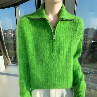 Women's 100% Mink Cashmere Mock-Neck Zipper Sweater – Soft Knit Winter Pullover