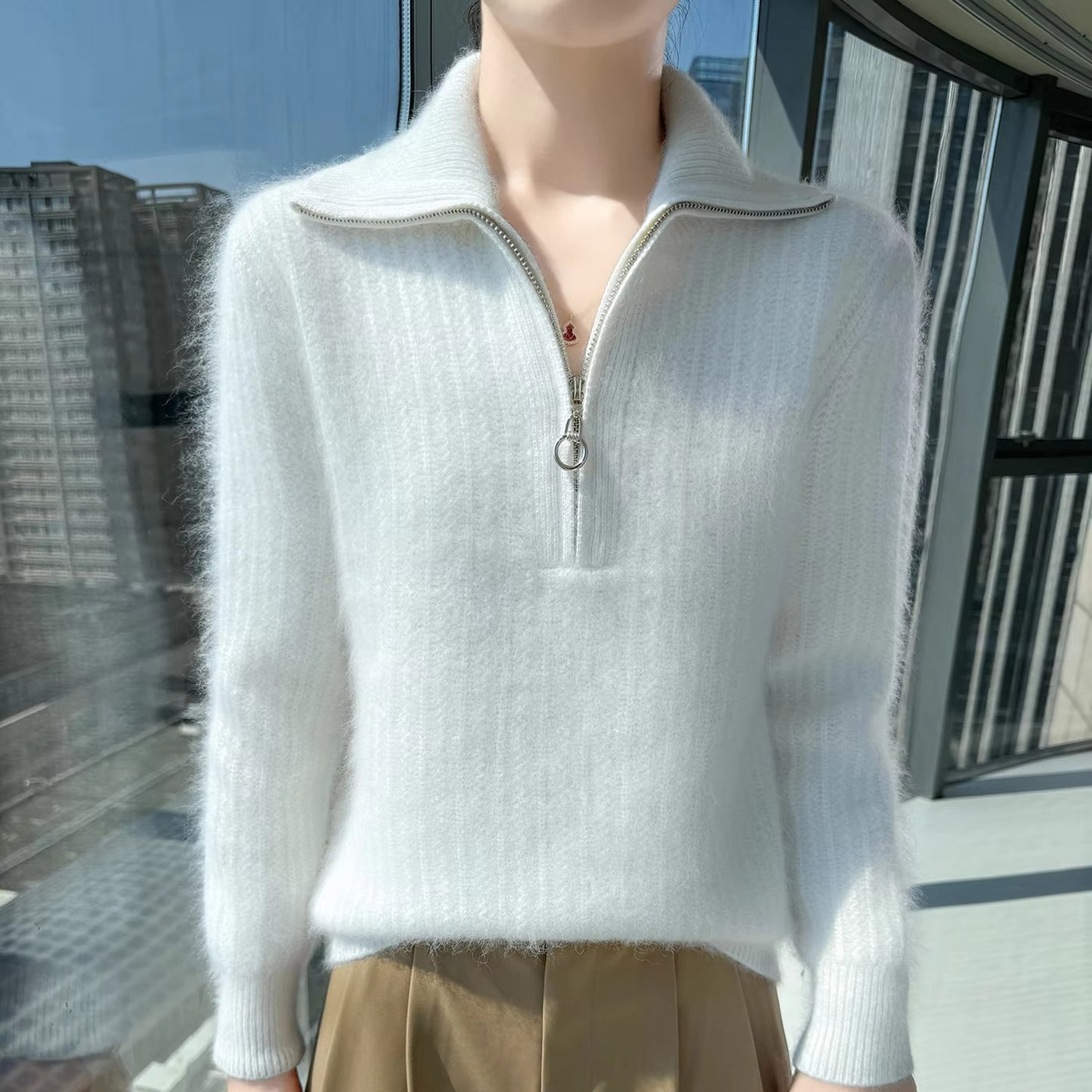 Women's 100% Mink Cashmere Mock-Neck Zipper Sweater – Soft Knit Winter Pullover