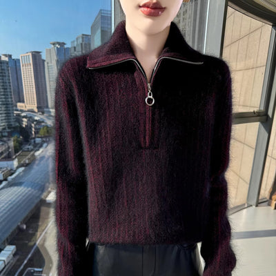 Women's 100% Mink Cashmere Mock-Neck Zipper Sweater – Soft Knit Winter Pullover