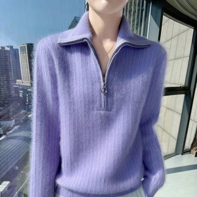 Women's 100% Mink Cashmere Mock-Neck Zipper Sweater – Soft Knit Winter Pullover
